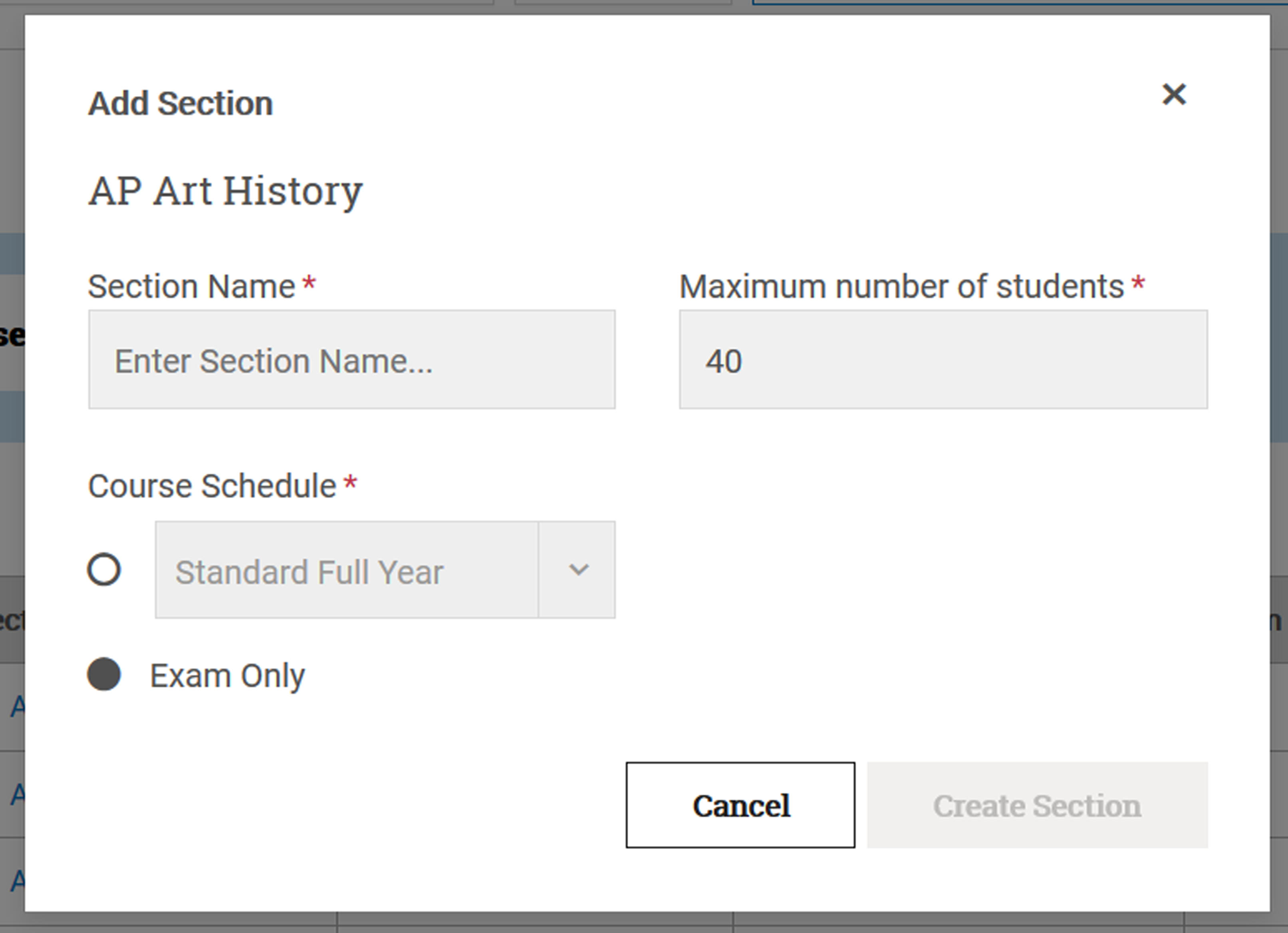 How do I create exam only sections? AP Central College Board